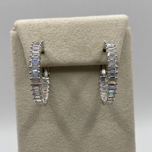 Lisa Freed Rhodium Plated Simulated Diamond Inside Out Baguette Hoop Earrings 1”